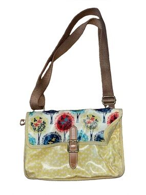 Fossil Key-Per Crossbody Bag Birds & Trees Print Yellow Coated Canvas Boho Flap
